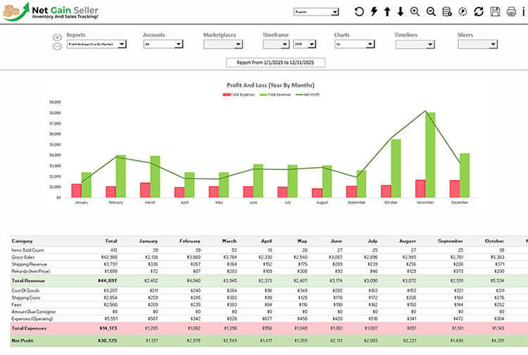 Profit and Loss Report (Year By Months) screen